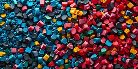 Colorful plastic pellets for recycling promoting reuse and separate waste collection in plastic manufacturing. Concept Plastic Pellet Recycling, Reuse Initiative, Waste Collection - obrazy, fototapety, plakaty