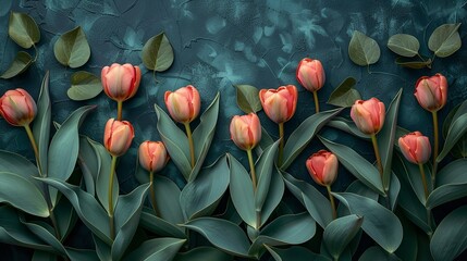 Gorgeous springtime blooms tulip replica on a background of leaves and greenery. Generative Ai - obrazy, fototapety, plakaty
