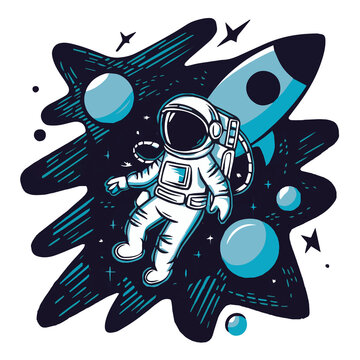 PNG image depicting an astronaut in space with a rocket in vector format