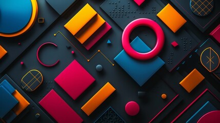 Bright, abstract geometric figures on a dark background, creating striking contrast for text placement
