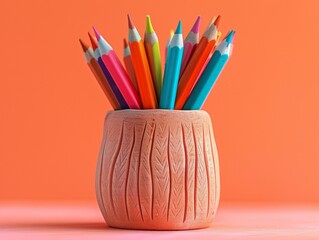 Close-up of a 3D modeled clay pencil holder, filled with assorted stationery. Artistic, organized.