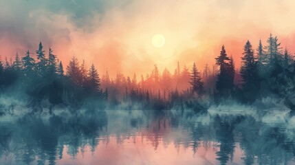 Enlightening scene of a pastel sunrise over a tranquil forest, captured in delicate watercolor strokes - obrazy, fototapety, plakaty