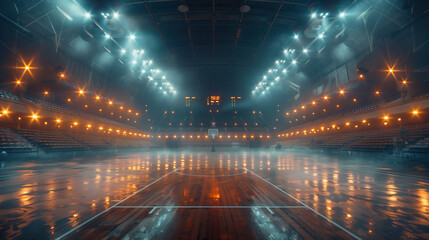 Large indoor basketball court in darkness and spotlights reflecting in wooden floor. Panoramic...