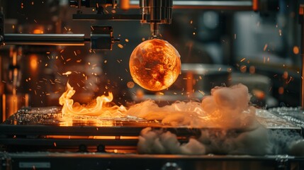 In a cosmic kitchen, where galaxies swirl in the backdrop, a CNC machine carves ice cream sculptures - obrazy, fototapety, plakaty