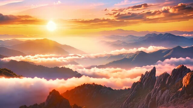 A captivating photo capturing the serene beauty of a setting sun casting its golden glow over a majestic mountain range, Sunrise on a mountain landscape view with clouds, AI Generated