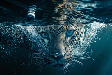 Underneath a darkened sky, a lone satellite crashes into the ocean, illuminating the face of a hidden leopard
