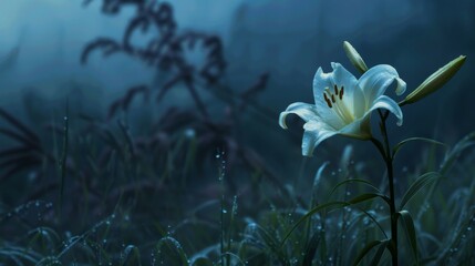 A lily braves the winter storm in a valley