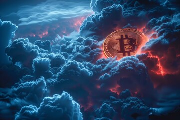 Wrath of Bitcoin against traditional banking, stormy sky, eye-level view - obrazy, fototapety, plakaty
