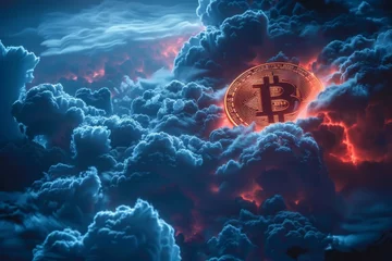 Deurstickers Wrath of Bitcoin against traditional banking, stormy sky, eye-level view © Thor.PJ