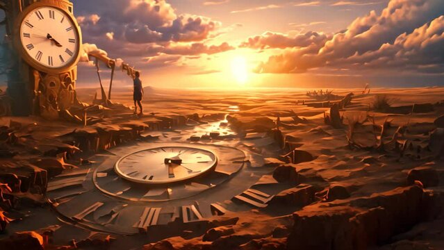 A man stands next to a large clock in the middle of a field, The end of time, AI Generated