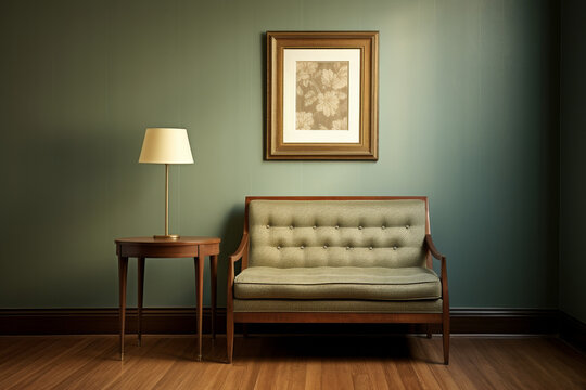 a single picture frame hanging on an wall in vintage living room with couch and lamp