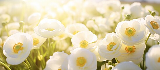 A beautiful field of white flowers with yellow centers glistening in the sunlight, perfect for macro photography or as cut flowers in a floristry arrangement
