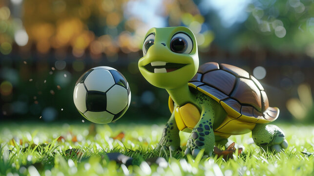 Whimsical 3D cartoon depiction of a charming turtle play football.