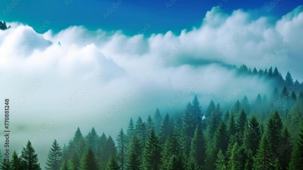 Poster journey through a magical forest with an endless array of trees shrouded in a mysterious fog, thick 