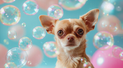 A charming chihuahua posing against a colorful bubbles backdrop.