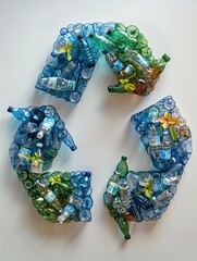 Recycle symbol made of plastic bottles. White background, ai generated. Environment problem, save planet, Earth day concept.