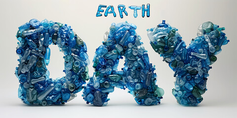 Earth day illustration. Big words made with plastic bottles. Environment problem concept, recycle to save planet. White background, ai generated.