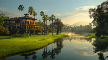 Fototapeta premium A panoramic view of a prestigious golf club's clubhouse, nestled among lush green fairways and towering palm trees, with golfers enjoying a leisurely game under the warm glow of th
