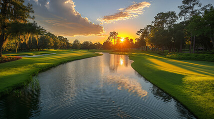 A championship golf course at twilight, bathed in golden light, with manicured greens and water hazards reflecting the vibrant hues of the sunset sky, creating a picturesque backdr - obrazy, fototapety, plakaty