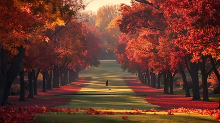 Wandcirkels tuinposter A golfer drives a tee shot down the fairway of a tree-lined course, with vibrant autumn foliage painting the landscape in shades of red and gold, creating a stunning contrast again © Наталья Евтехова