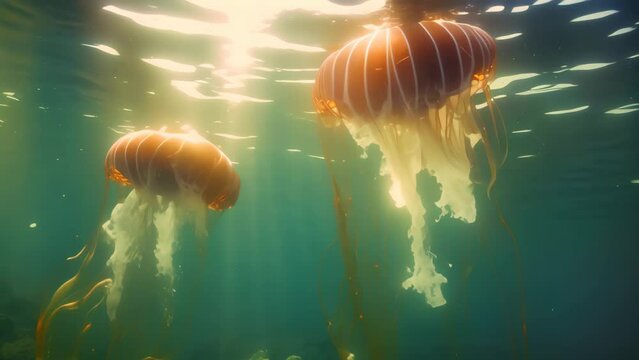 A captivating image of a couple of graceful jellyfish swimming effortlessly in their aquatic home, Two jellyfish swimming in the water, 3D rendering, AI Generated