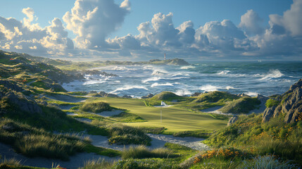 A golfer lines up a shot from the rough on a links-style course, with windswept dunes and rugged terrain adding an element of challenge and adventure to the game, against a backdro - obrazy, fototapety, plakaty