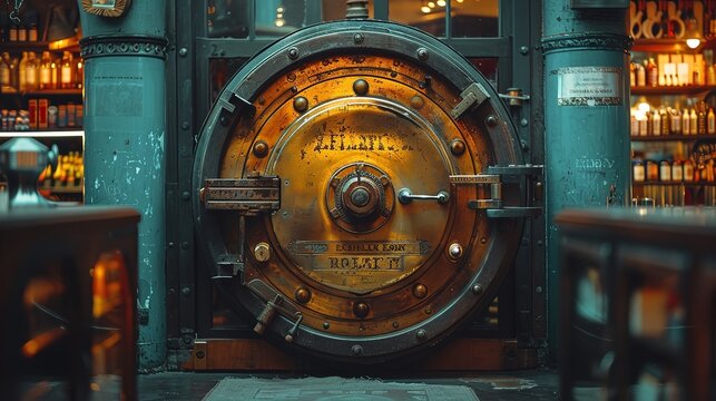 Large antique safe door in a bank vault security precious storage retail store. Generative Ai