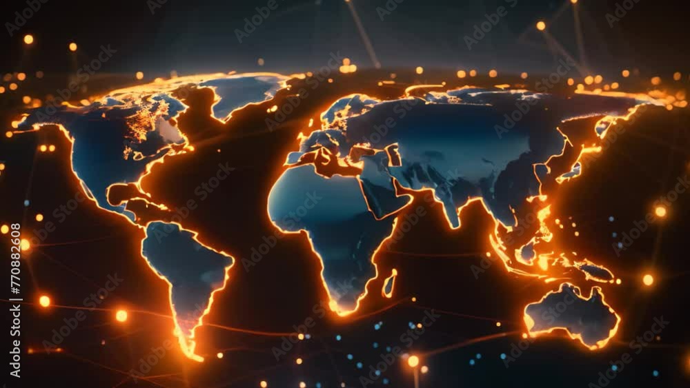 Poster world map with glowing lines and dots. global network concept. 3d rendering, ai generated