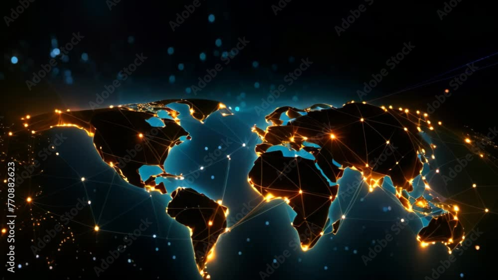 Poster abstract glowing digital world map on dark background. 3d rendering, ai generated