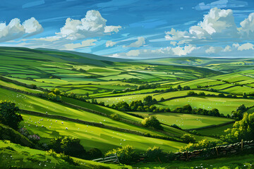 green fields farmland rural landscape agriculture illustration nature panorama