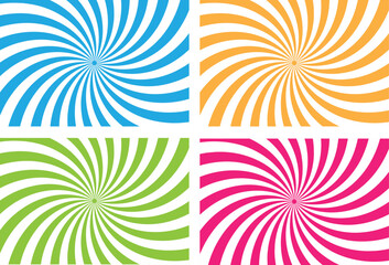 set of four spiral backgrounds. set of colorful spiral wallpaper .Sunburst abstract vector backgrounds. Starburst rays, colorful funky waves and vintage wallpaper backdrop vector set