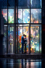A stunning illustration of a couple kissing in front of vibrant stained mirrors.