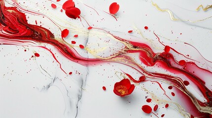 Red petals, blossom flower swirls gold painted lines on white background