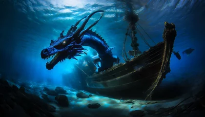 Afwasbaar Fotobehang Schipbreuk an underwater blue dragon sea creature swimming around a shipwrecked ship