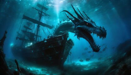 an underwater blue dragon sea creature swimming around a shipwrecked ship