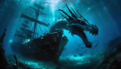 Schilderijen op glas an underwater blue dragon sea creature swimming around a shipwrecked ship © dynasty