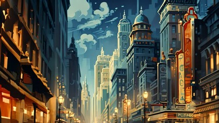 New York City street with vintage cars and people. Vector illustration, AI Generated - Powered by Adobe