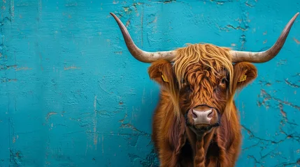 Photo sur Plexiglas Highlander écossais Scottish highland cattle cow with horns on blue wall background