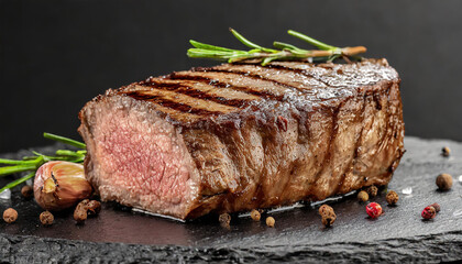 Close-up of grilled tender, lean cut of beef from tenderloin. Delicious dinner. Tasty meat food.