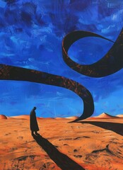lone, silhouetted figure stares pensively at a colossal, winding ribbon sculpture that towers above the barren, orange desert beneath a vast blue sky. 