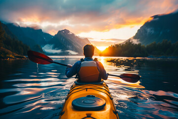 man enjoying a kayak trip on the lake at sunset, peaceful outdoor activity - obrazy, fototapety, plakaty