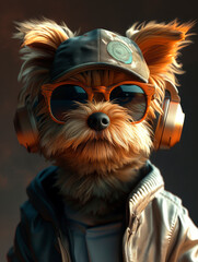 yorkshire terrier in a cap and glasses. Illustration. AI