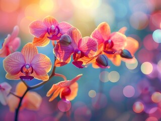 Close up on orchid flowers in morning light, studio-lit vibrance, colorful bokeh dreams background