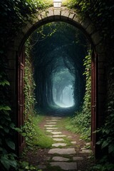 3d rendering of a fantasy doorway portal framed by green vines leading into a idyllic garden. Generative A - 770884006