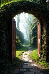 3d rendering of a fantasy doorway portal framed by green vines leading into a idyllic garden. Generative AI