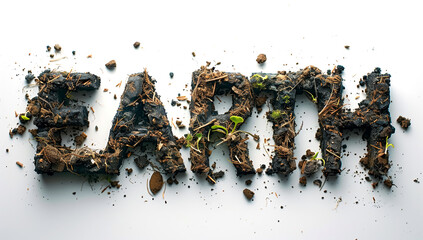 Earth day illustration. Big words made with dirt soil and plants. White background, ai generated.