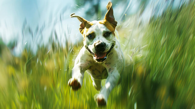 dog runs on green grass lawn 