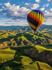 Colorful hot air balloon floating above green rolling hills and farmhouses during a calm sunrise.