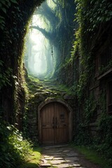 3d rendering of a fantasy doorway portal framed by green vines leading into a idyllic garden. Generative A - 770884437