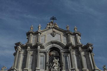 Fototapeta na wymiar View of Duomo di Sant'Agata and Fountain of the Elephant, Piazza Duomo, Catania, Sicily, Italy, Mediterranean, Europe